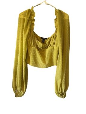 Forever 21 Yellow Swiss Dot Crop Top Ruffle Bustier Puff Sleeve Blouse Large